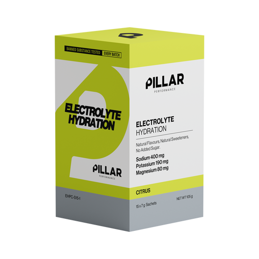 A box of Pillar Performance Electrolyte Hydration in Citrus flavor, featuring a lime green, white, and gray packaging design with product details printed on the front.