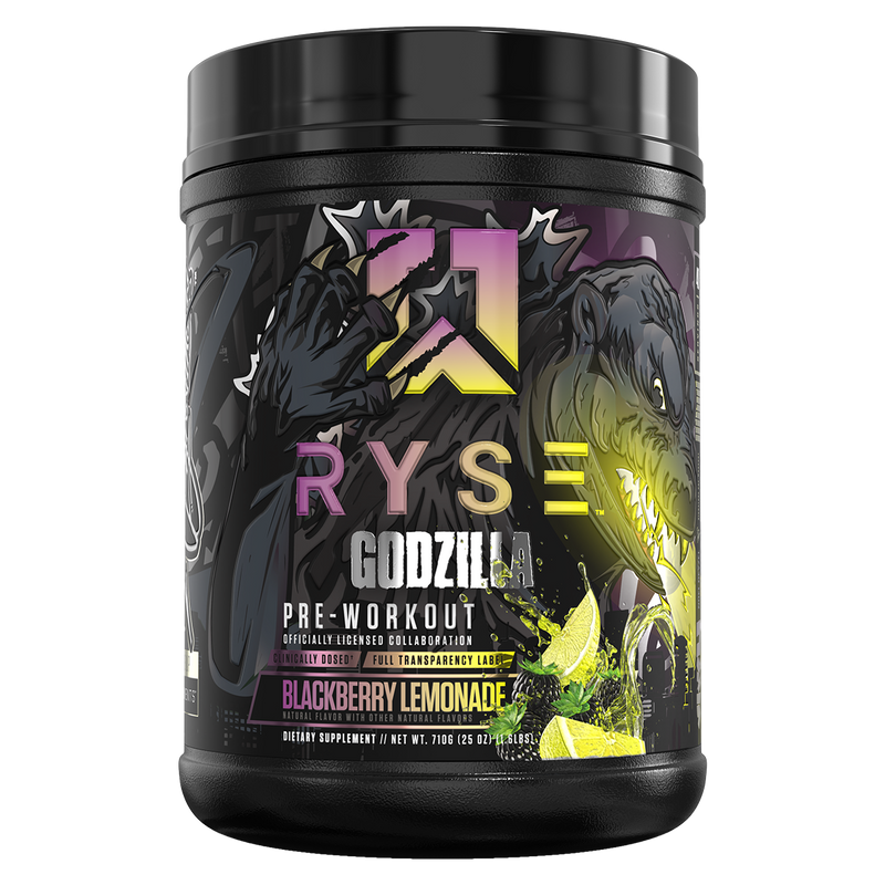Load image into Gallery viewer, Ryse Godzilla pre-workout supplement container with colorful design on a white background
