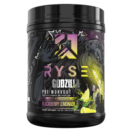 Ryse Godzilla pre-workout supplement container with colorful design on a white background