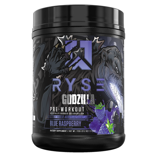 Ryse Godzilla pre-workout supplement container with black and purple design
