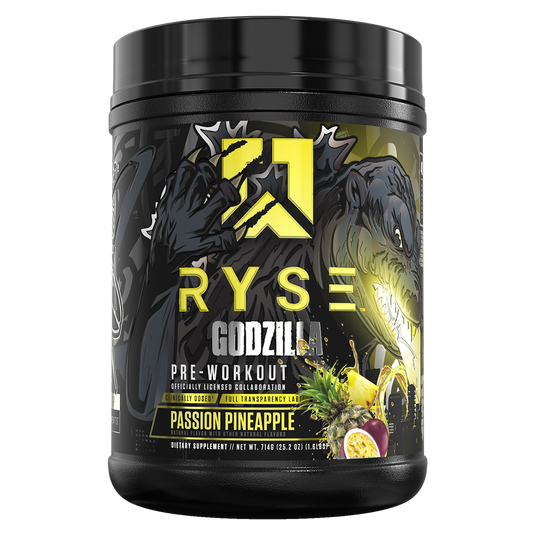 Ryse Godzilla pre-workout supplement container with black lid on a white background