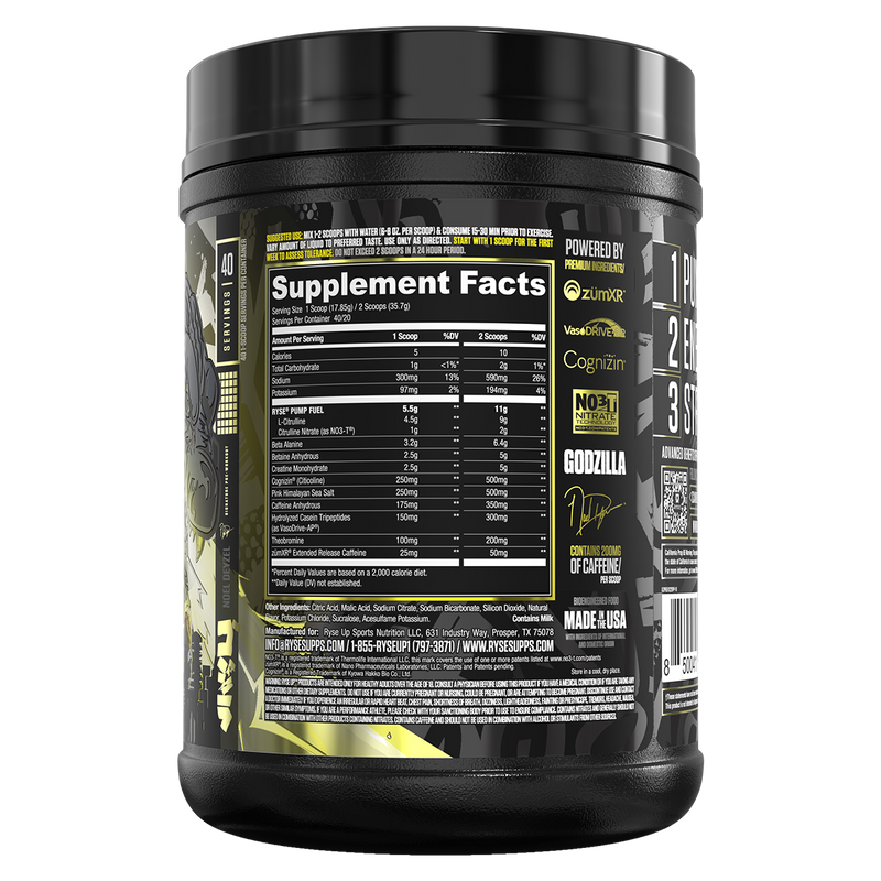 Load image into Gallery viewer, A black tub of protein powder supplement facts label facing forward on a plain white background. The label includes branding for Powerhouse and sub-brands such as Zuma, Vision, Cognitive, and Godzilla, with nutrition facts and product details printed on it.
