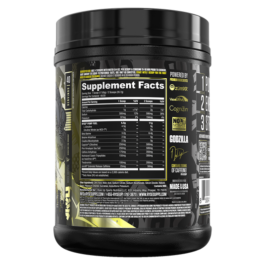 A black tub of protein powder supplement facts label facing forward on a plain white background. The label includes branding for Powerhouse and sub-brands such as Zuma, Vision, Cognitive, and Godzilla, with nutrition facts and product details printed on it.