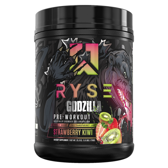 Ryse Godzilla pre-workout supplement container with colorful design and text.