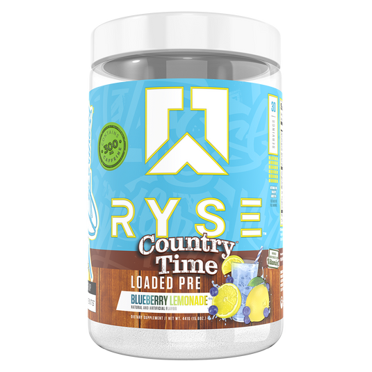 Ryse Country Time Loaded Pre supplement container on a white background