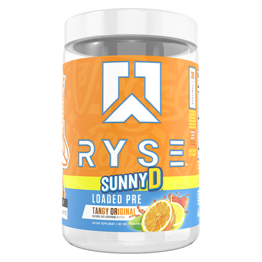 Ryse SunnyD Loaded Pre supplement container on a white background