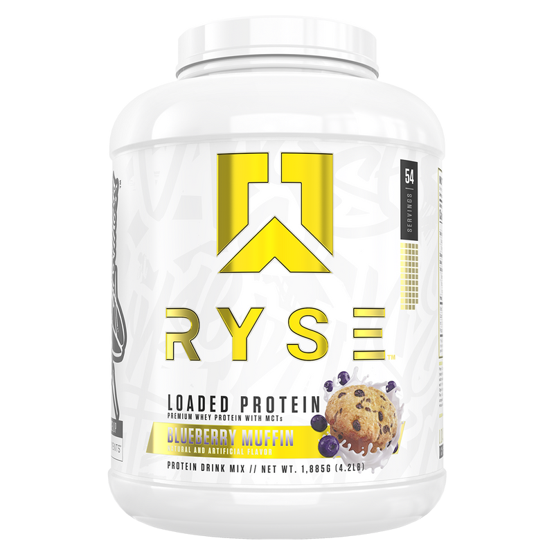 Load image into Gallery viewer, A white plastic tub of Ryse Loaded Protein powder in Blueberry Muffin flavor, featuring a prominent yellow logo and flavor illustration on a white background.
