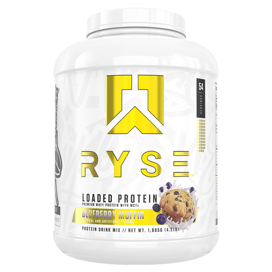 A white plastic tub of Ryse Loaded Protein powder in Blueberry Muffin flavor, featuring a prominent yellow logo and flavor illustration on a white background.