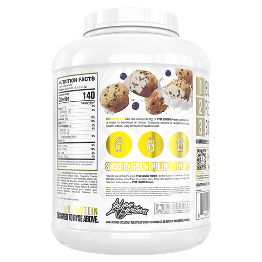A white plastic tub of MusclePharm Protein powder, showing the back label with nutrition facts, product imagery, and instructions on a white background.