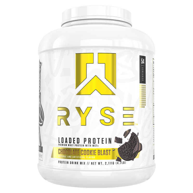 Load image into Gallery viewer, A white plastic tub of Ryse Loaded Protein in Chocolate Cookie Blast flavor, featuring a white label with gold and black text and graphics.
