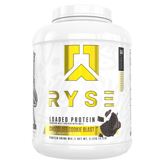 A white plastic tub of Ryse Loaded Protein in Chocolate Cookie Blast flavor, featuring a white label with gold and black text and graphics.