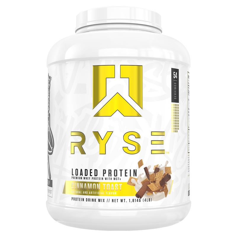 Load image into Gallery viewer, A white plastic tub of Ryse Loaded Protein Cinnamon Toast flavor whey protein powder, featuring a bold yellow logo and flavor label on a clean white background.
