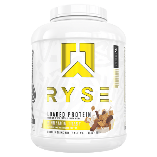 A white plastic tub of Ryse Loaded Protein Cinnamon Toast flavor whey protein powder, featuring a bold yellow logo and flavor label on a clean white background.