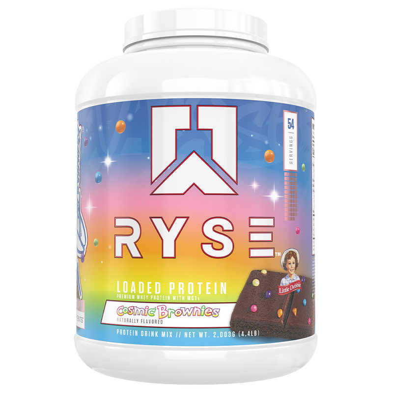 Load image into Gallery viewer, A white plastic tub of Cosmic Brownies Loaded Protein powder by 35% Nutrition, featuring a colorful label with a blue-to-yellow gradient, a stylized 'C' logo, and an illustration of chocolate brownies with colorful sprinkles.
