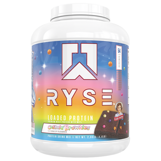 A white plastic tub of Cosmic Brownies Loaded Protein powder by 35% Nutrition, featuring a colorful label with a blue-to-yellow gradient, a stylized 'C' logo, and an illustration of chocolate brownies with colorful sprinkles.