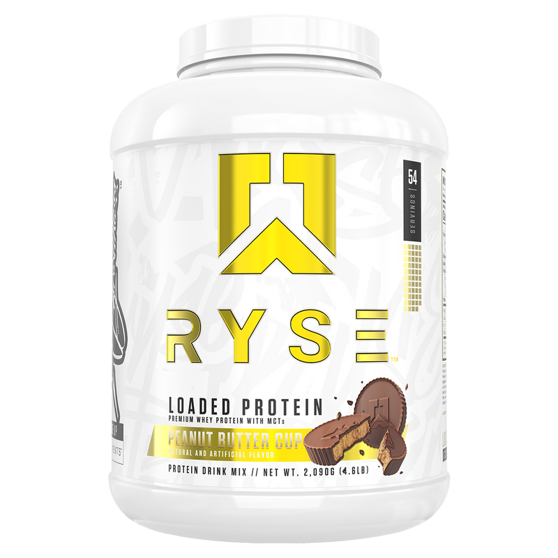 Load image into Gallery viewer, A white plastic tub of Ryse Loaded Protein powder in Peanut Butter Chocolate flavor, featuring a prominent yellow logo and flavor illustration on a white background.
