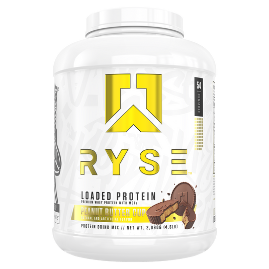 A white plastic tub of Ryse Loaded Protein powder in Peanut Butter Chocolate flavor, featuring a prominent yellow logo and flavor illustration on a white background.