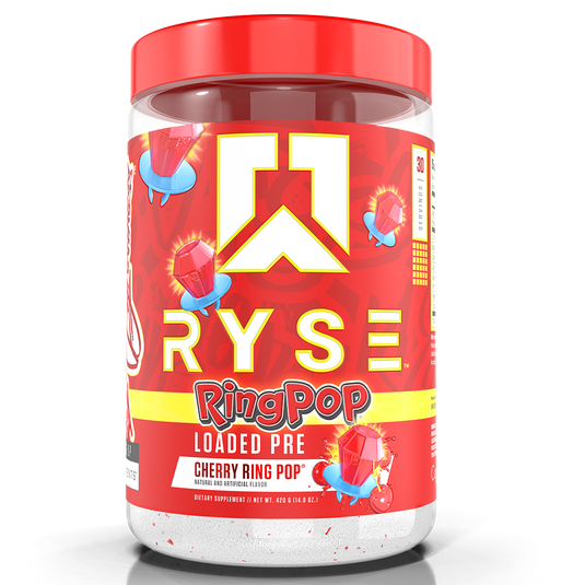 A jar of Ryse RingPop Loaded Pre Cherry Ring Pop dietary supplement powder, featuring a bright red lid and a red label with yellow and white branding.