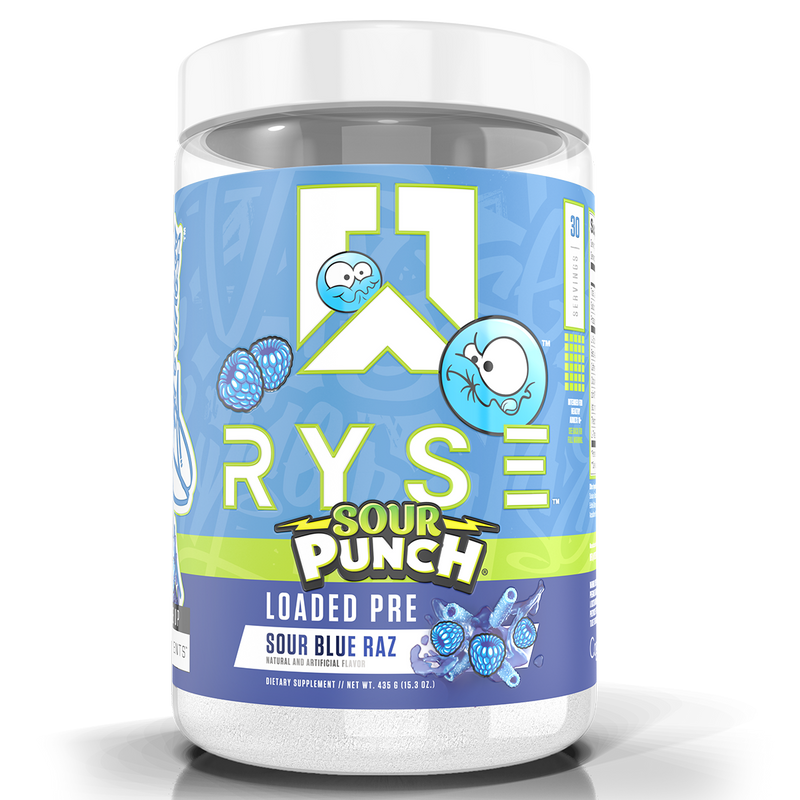 Load image into Gallery viewer, Ryse Loaded Pre Sour Blue Raz supplement container on a white background
