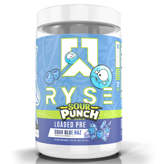 Ryse Loaded Pre Sour Blue Raz supplement container on a white background