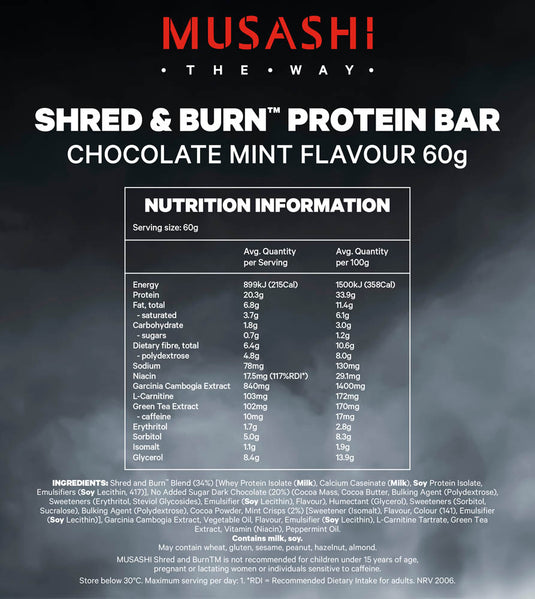 MUSASHI Shred & Burn Protein Bar 60g - Box of 12