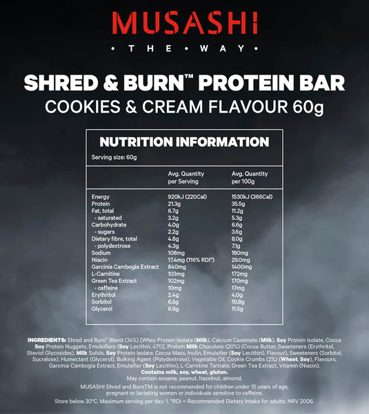 MUSASHI Shred & Burn Protein Bar 60g - Box of 12