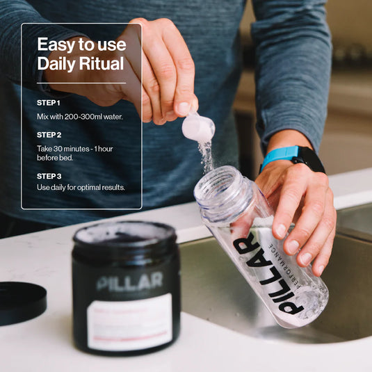 Person using a Pillar product with a bottle and container on a counter.
