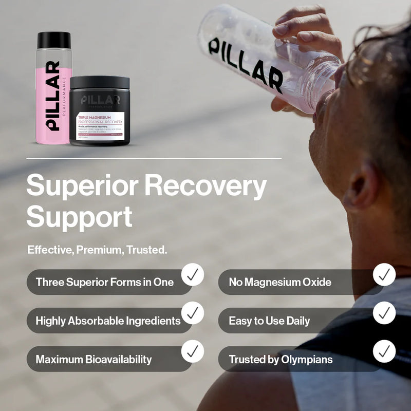 Load image into Gallery viewer, PILLAR supplement bottles with a person drinking water, featuring text on superior recovery support.
